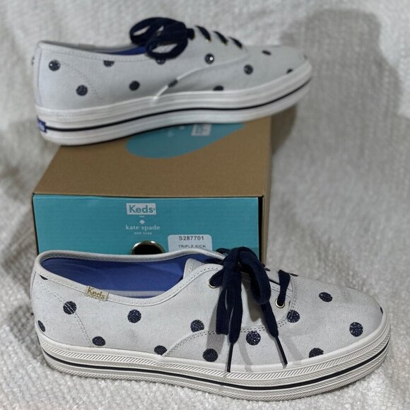 Keds x kate spade Platform Sneakers 9M White/Blue Glitter Dots EUC w/ Box - Picture 5 of 8